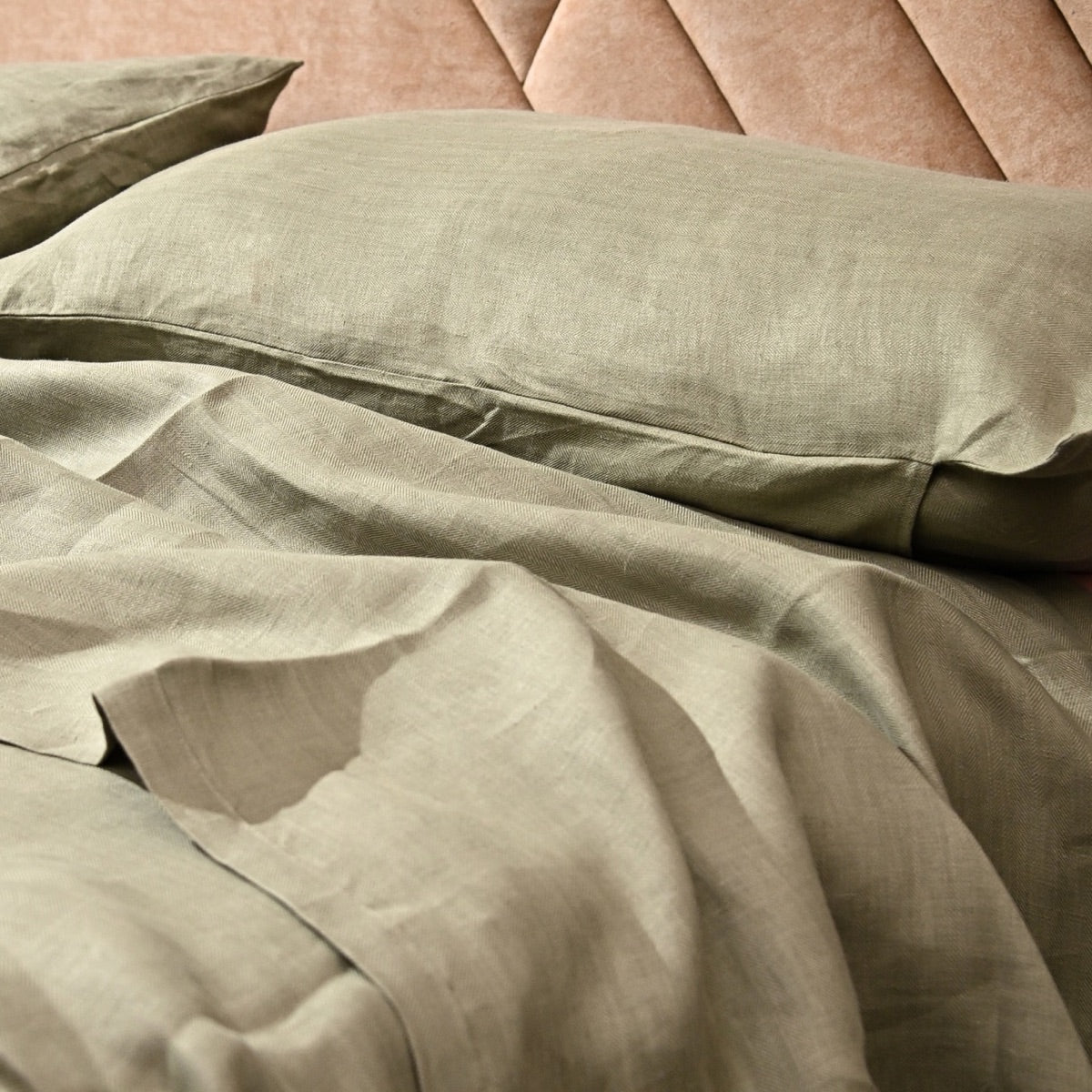 King Size Olive Green Hemp Bedsheet Set - Bugyal – Bed Linens on Brown Living™. SKU: PRA037. Img 3.