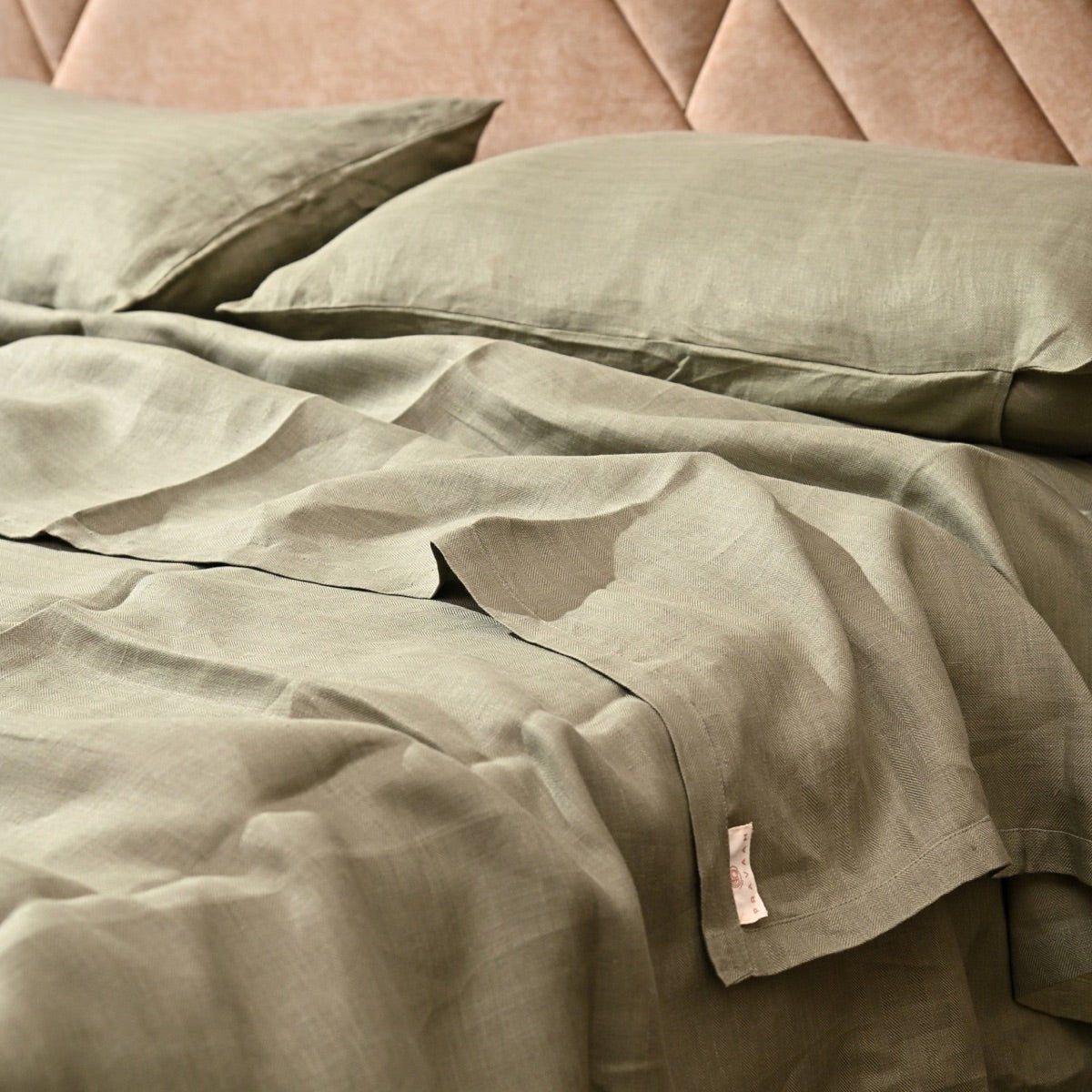 King Size Olive Green Hemp Bedsheet Set - Bugyal – Bed Linens on Brown Living™. SKU: PRA037. Img 1.