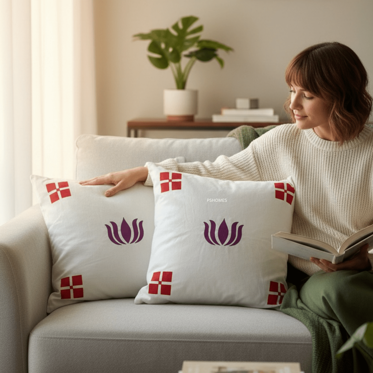 Kolam Handblock Cotton Cushion Covers with Zipper - Set of 4 – Covers & Inserts on Brown Living™. SKU: CUSKOLLAM16X16RED-4. Img 16.