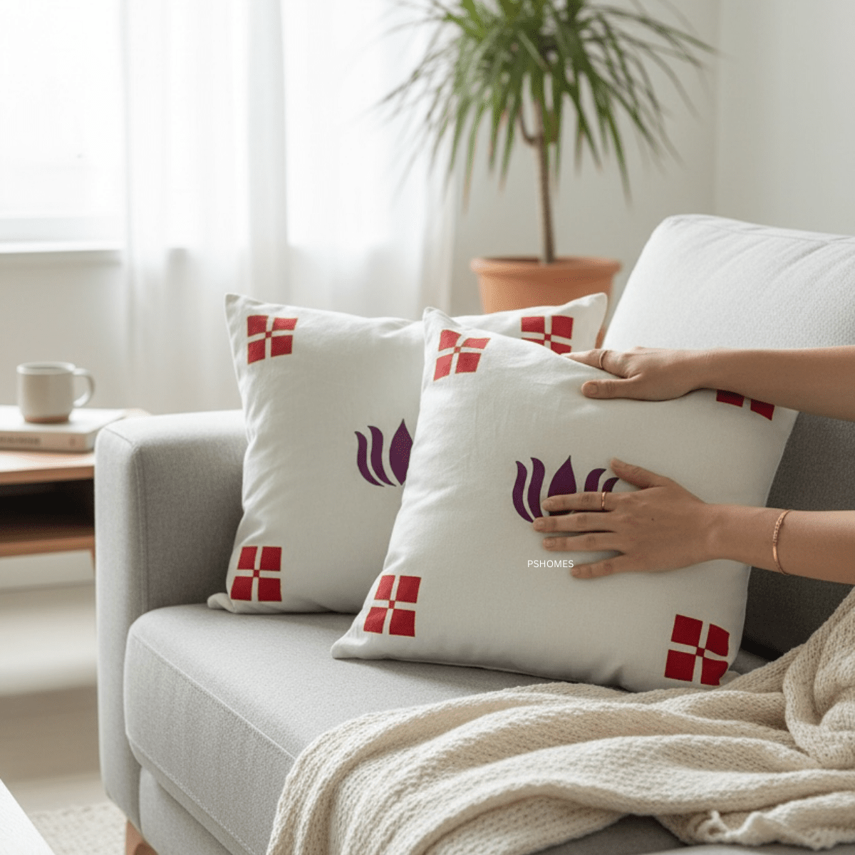 Kolam Handblock Cotton Cushion Covers with Zipper - Set of 4 – Covers & Inserts on Brown Living™. SKU: CUSKOLLAM16X16RED-4. Img 17.