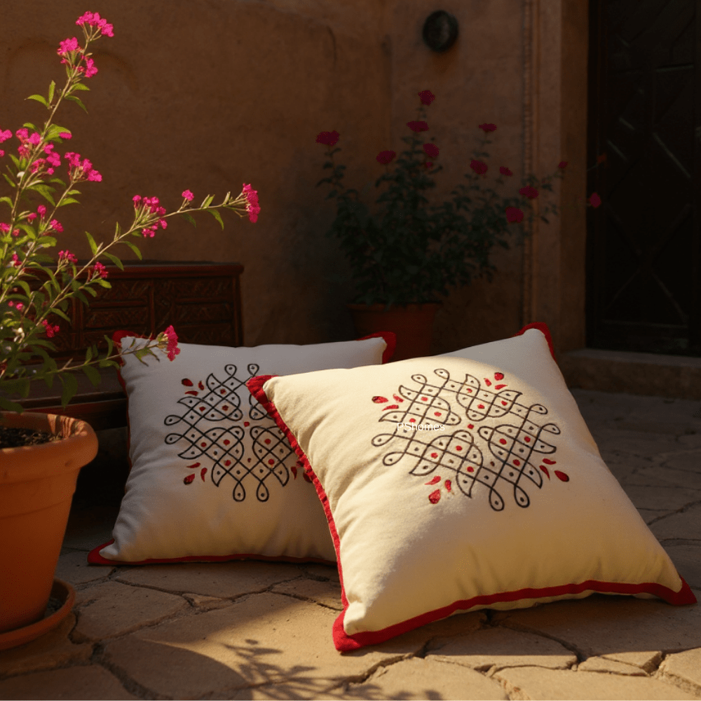 Kolam Handblock Cotton Cushion Covers with Zipper - Set of 4 – Covers & Inserts on Brown Living™. SKU: CUSKOLLAM16X16RED-4PCS. Img 13.