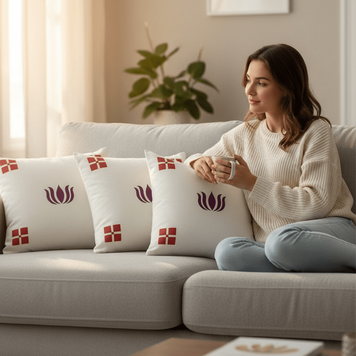 Kolam Handblock Cotton Cushion Covers with Zipper - Set of 4 – Covers & Inserts on Brown Living™. SKU: CUSLOTUS16X16-4PCS. Img 19.