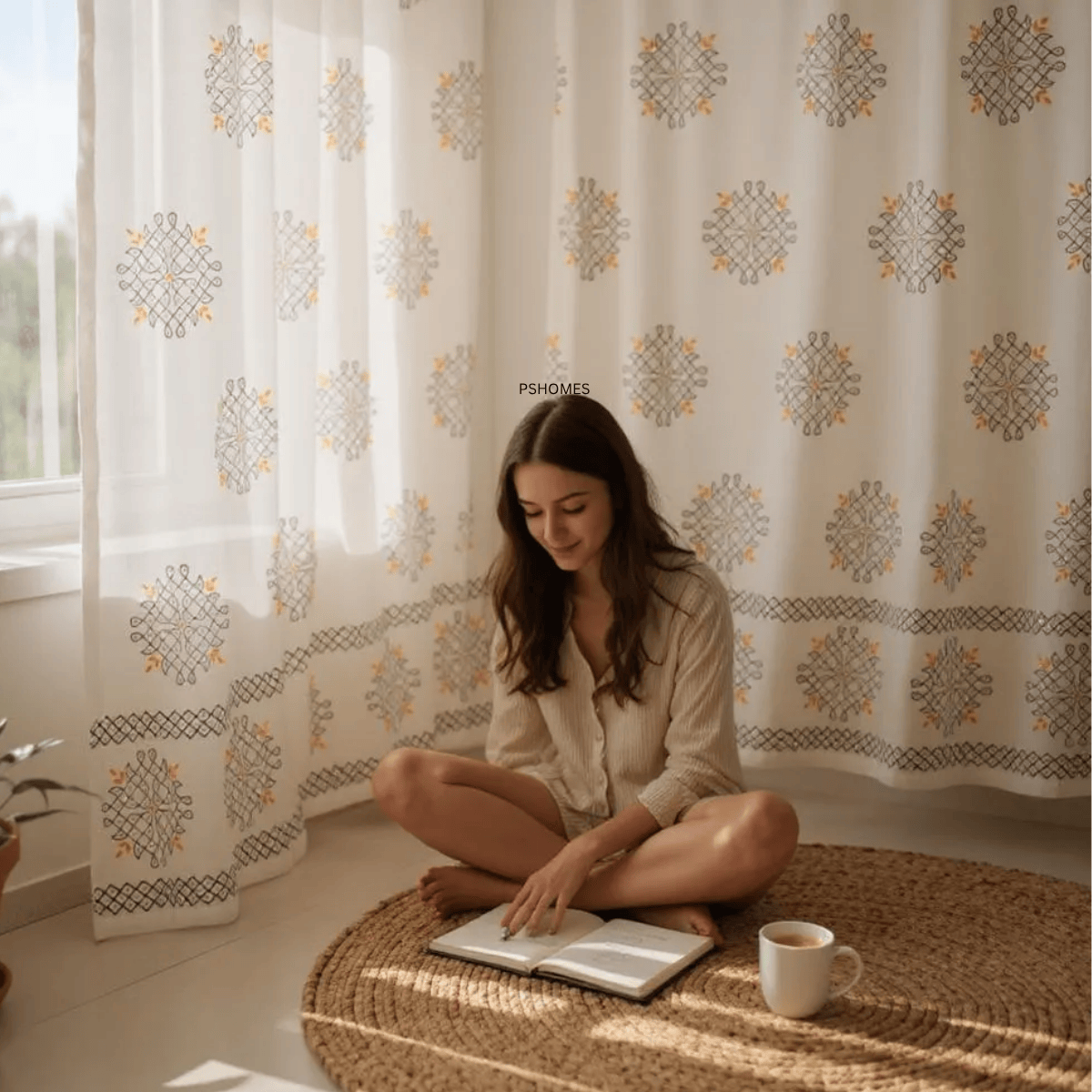 Kolam Print Cotton Door Curtain 7 X 4 ft (Set of 2) – Curtains on Brown Living™. SKU: CURKOLLAM7FEET. Img 5.