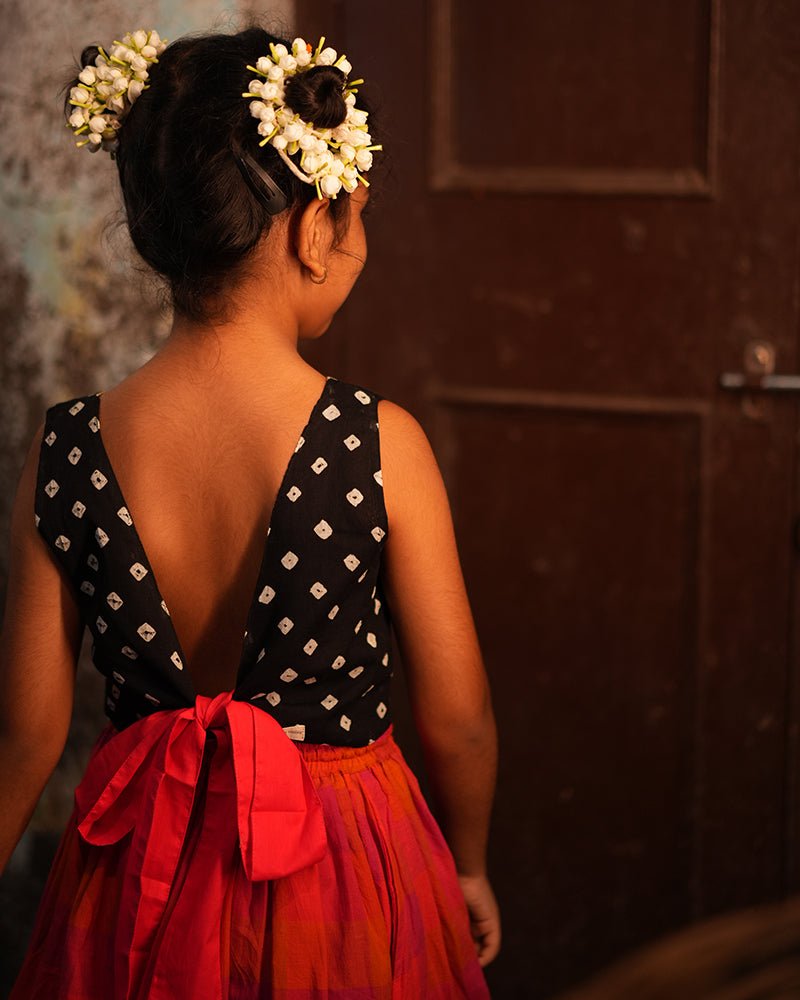 Laddoo Cotton Black Bandhani Top With Checkered Lehenga Set – Kids Ethnic Sets by Love The World Today available on Brown Living™. 6 - 12 M . SKU: C34G2BML612. Img 4.