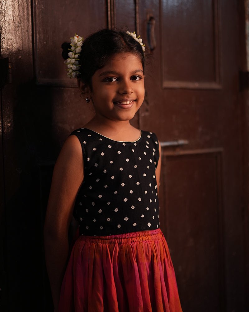 Laddoo Cotton Black Bandhani Top With Checkered Lehenga Set – Kids Ethnic Sets by Love The World Today available on Brown Living™. 6 - 12 M . SKU: C34G2BML612. Img 3.