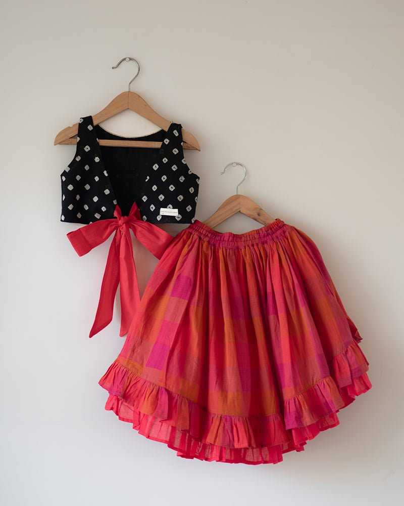 Laddoo Cotton Black Bandhani Top With Checkered Lehenga Set – Kids Ethnic Sets by Love The World Today available on Brown Living™. 6 - 12 M . SKU: C34G2BML612. Img 12.