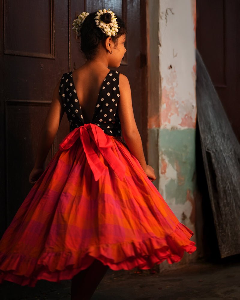 Laddoo Cotton Black Bandhani Top With Checkered Lehenga Set – Kids Ethnic Sets by Love The World Today available on Brown Living™. 6 - 12 M . SKU: C34G2BML612. Img 5.
