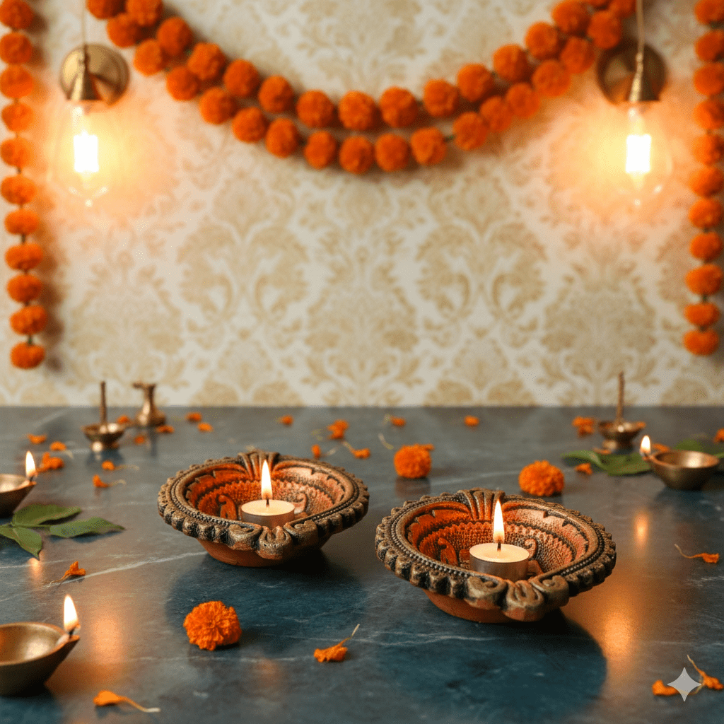 Large Swastik Diya Set – Indian Festival Decor – Home Decor on Brown Living™. SKU: D23. Img 2.
