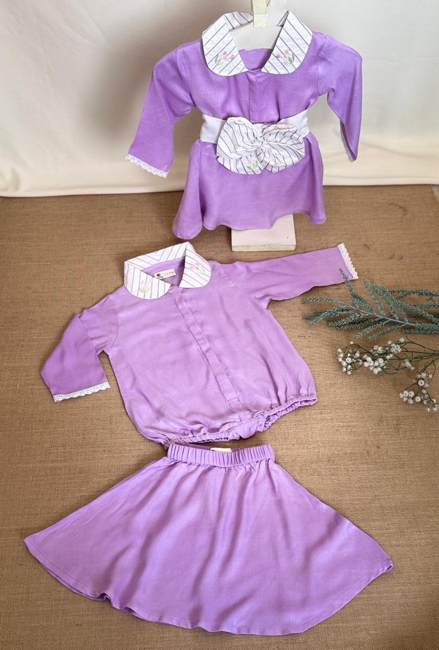 Lavender 2 Way Romper Skirt for Kids | Lotus Fabric Outfit – Kids Skirts on Brown Living™. SKU: TF-103-G3-W5-1. Img 1.