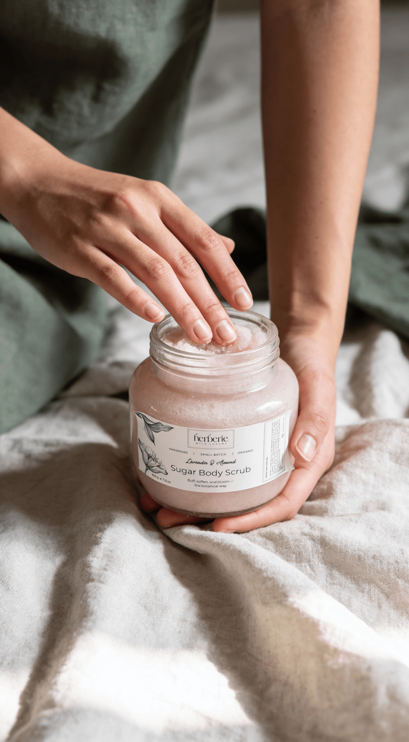 Lavender & Almond Sugar Body Scrub | Gentle Exfoliation – Body Scrub on Brown Living™. SKU: LASS-200. Img 2.