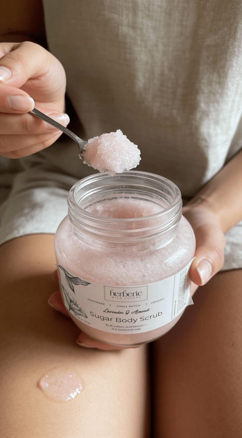 Lavender & Almond Sugar Body Scrub | Gentle Exfoliation – Body Scrub on Brown Living™. SKU: LASS-200. Img 5.