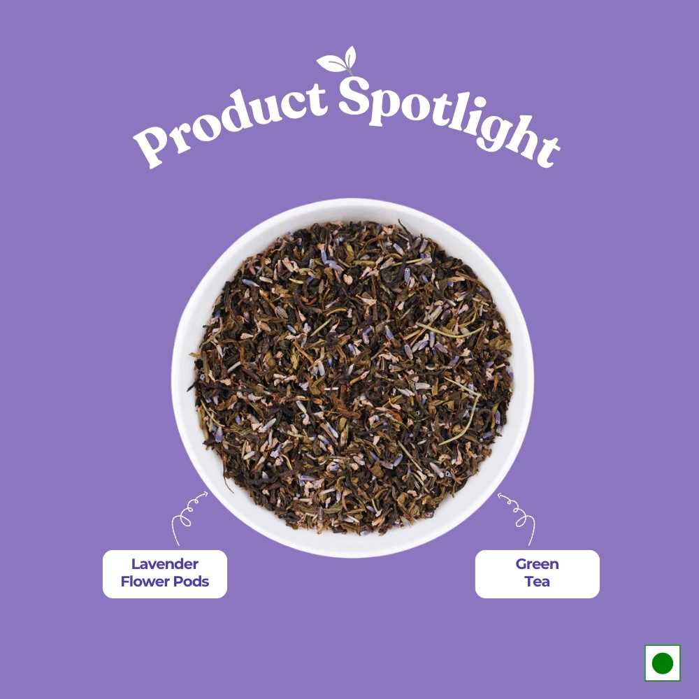Lavender Dream Green Tea – Relaxation & Stress Relief – 50g – Tea on Brown Living™. SKU: HRTin50New. Img 2.