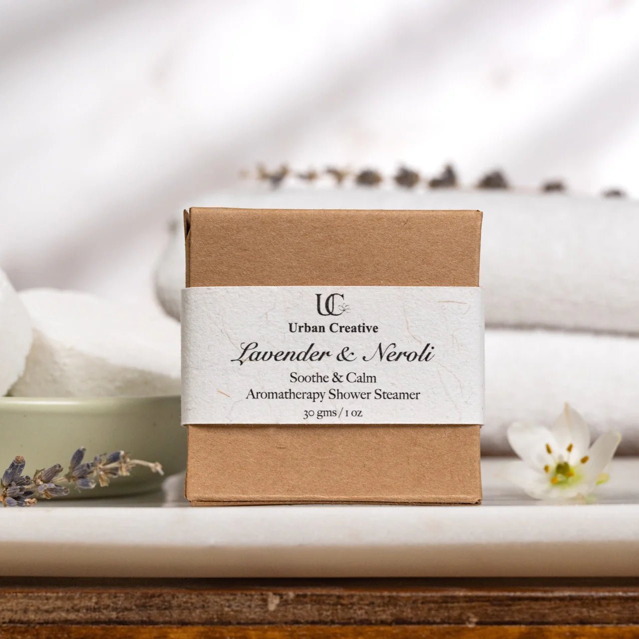 Lavender, Neroli & Geranium Shower Steamers – Calm Set of 4 – Bath Salt on Brown Living™. SKU: SS_4LN_GS. Img 1.