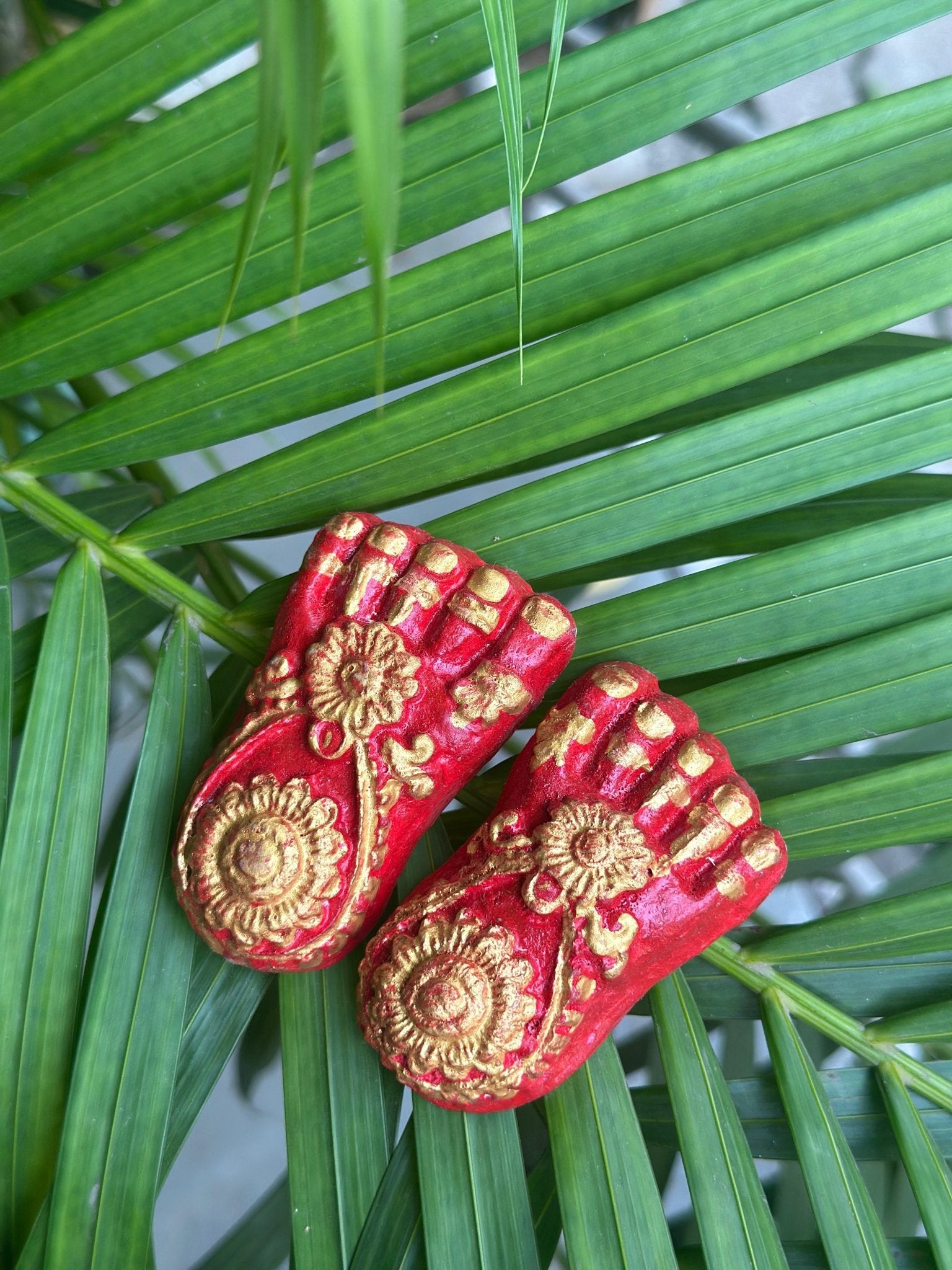 Laxmi Charan Paduka – Red & Golden Decorative Feet for Puja & Festival – Pooja Needs on Brown Living™. SKU: CD109. Img 2.