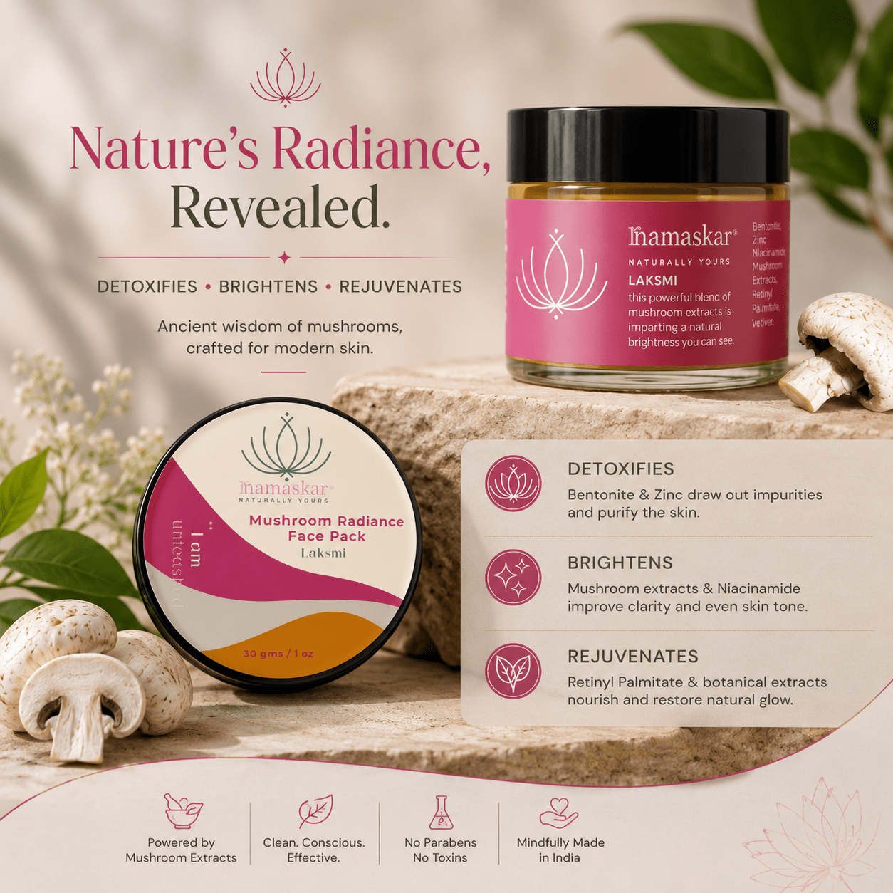 Laxmi | Mushroom Radiance Face Pack - 50gm – Face Pack on Brown Living™. SKU: NMLF-01nN_Packof10. Img 4.