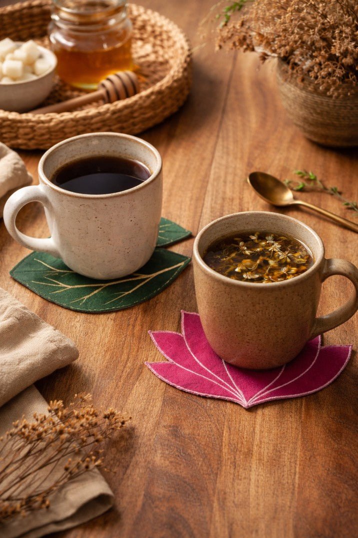 Leaf Fabric Coasters Set Of 4 | Eco Friendly Tableware Accent – Coasters on Brown Living™. SKU: CA02. Img 2.