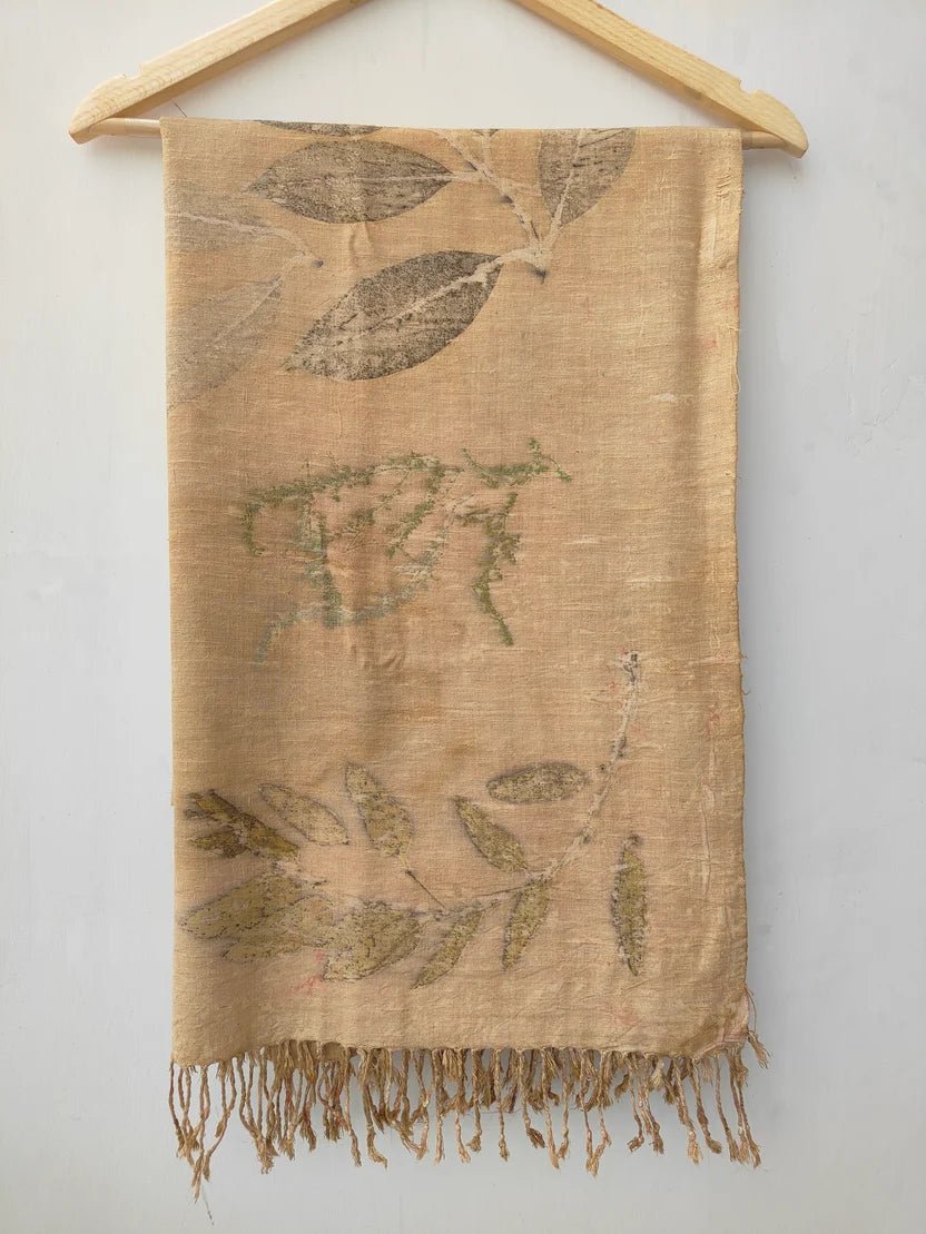 Leaf Mosaic Ahimsa Eri Silk Wrap Scarf | Large Silk Stole – Womens Scarf on Brown Living™. SKU: AS002. Img 1.