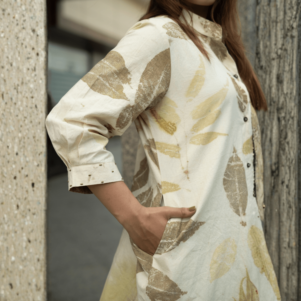 Leaffall Asymmetry Eco - Printed Dress for Women – Womens Dress on Brown Living™. SKU: AAYU-00181. Img 2.