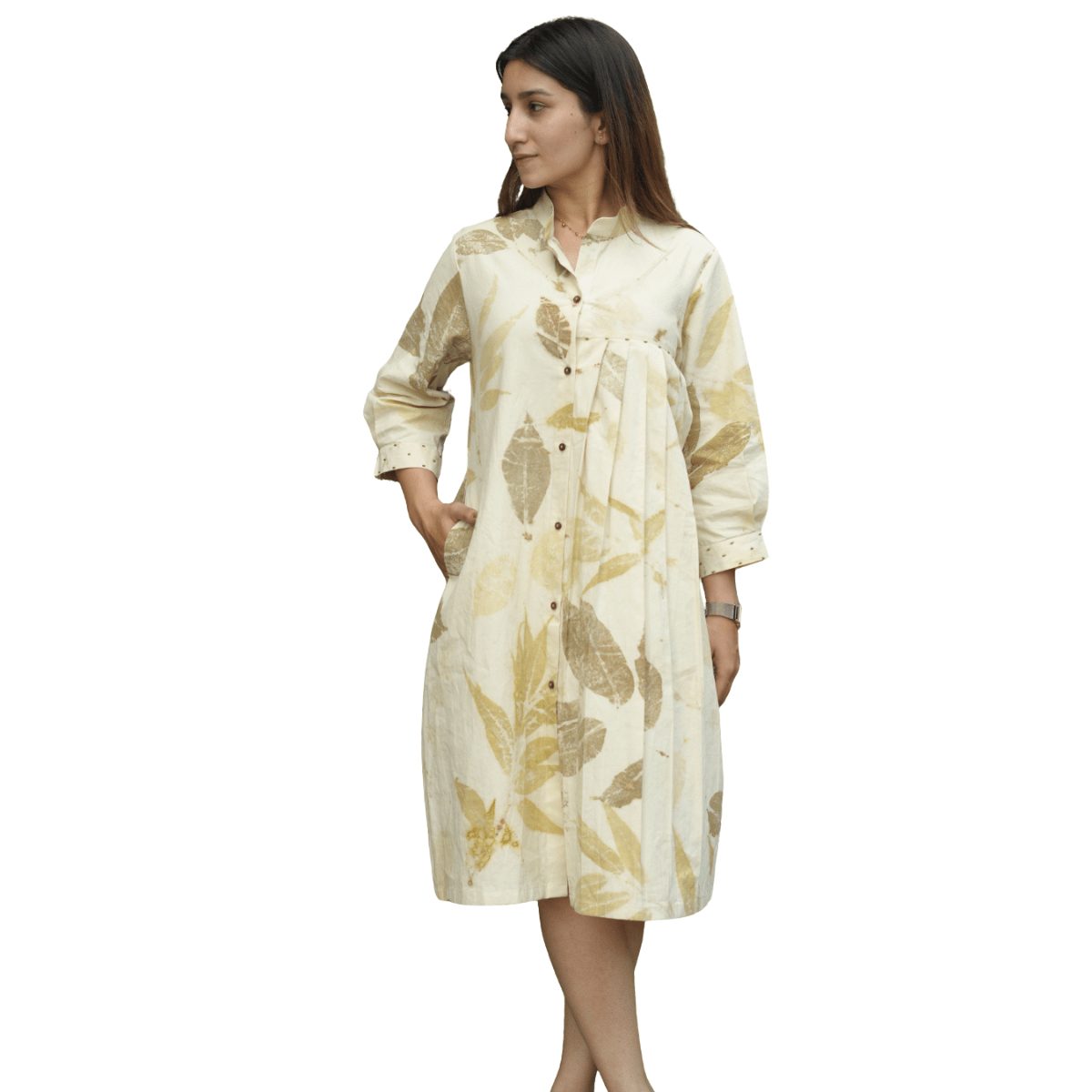 Leaffall Asymmetry Eco - Printed Dress for Women – Womens Dress on Brown Living™. SKU: AAYU-00181. Img 1.