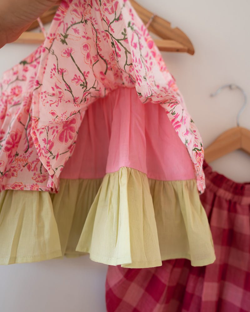 Leela Cotton Pink Floral Flared Top With Checkered Pants Coord Set – Kids Ethnic Sets by Love The World Today available on Brown Living™. 2 - 4 Y . SKU: C34G5RBC24. Img 9.