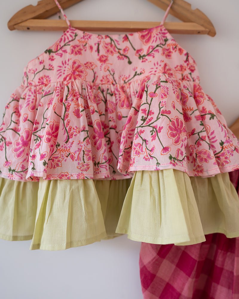 Leela Cotton Pink Floral Flared Top With Checkered Pants Coord Set – Kids Ethnic Sets by Love The World Today available on Brown Living™. 2 - 4 Y . SKU: C34G5RBC24. Img 6.