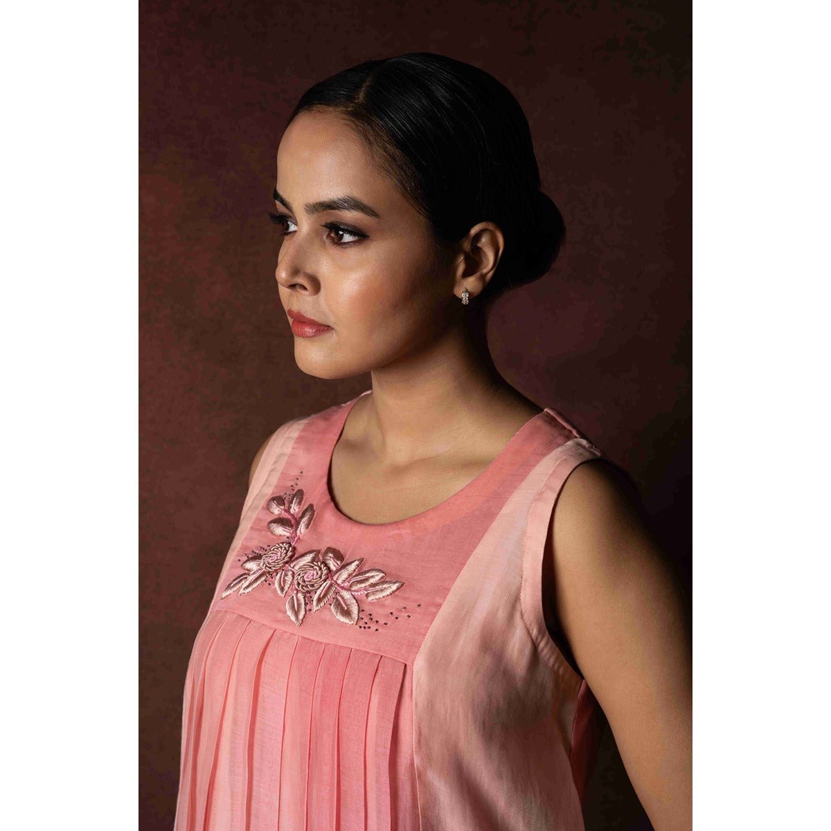 Leher Ombre Cotton Pastel Pink Dress With Floral Resham Work – Womens Dress on Brown Living™. SKU: HD1029XSN. Img 2.