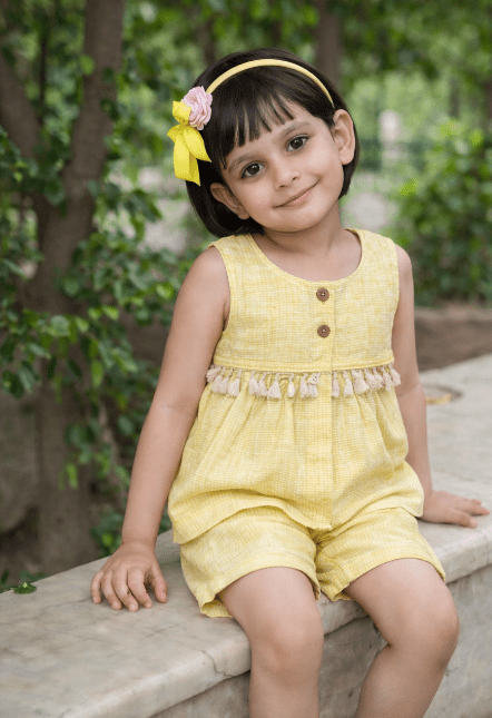 Lemon Pin Stripe Linen Peplum Top and Shorts For Girls | Regular Fit – Kids Daywear Sets on Brown Living™. SKU: PG171_1. Img 7.