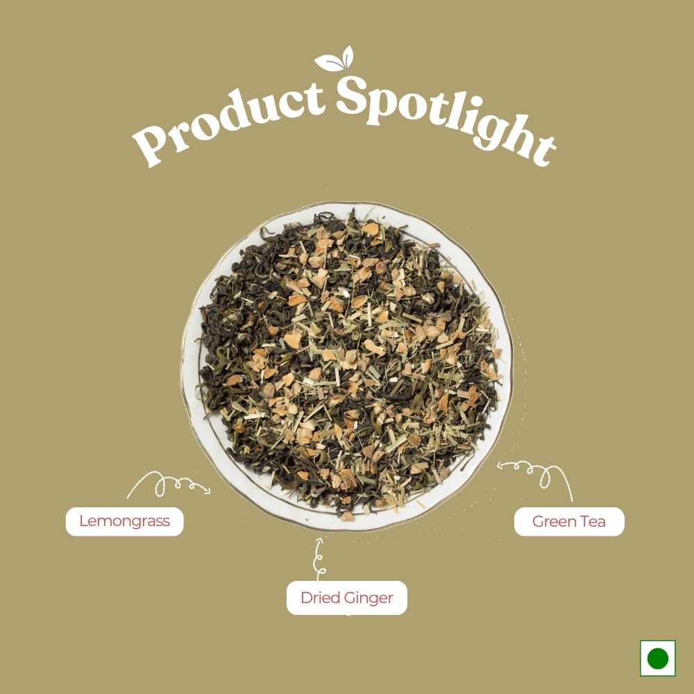 Lemongrass Ginger Green Tea – Relieve Anxiety & Detox – 50g – Tea on Brown Living™. SKU: SGTin50New. Img 2.