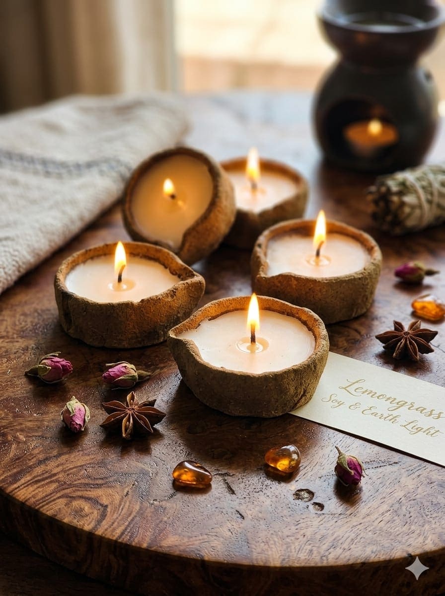 Lemongrass Scented Soy Wax Cowdung Diyas- Set of 5 – Candles & Fragrances on Brown Living™. SKU: SN12124. Img 19.