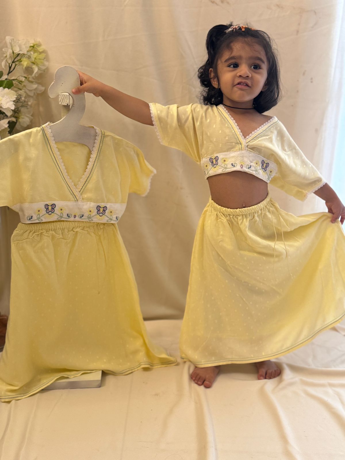 Light Yellow Flora Dress in Aloe Vera Fabric for Kids – Kids Frocks & Dresses on Brown Living™. SKU: TF-106-G3-Y5-1. Img 1.