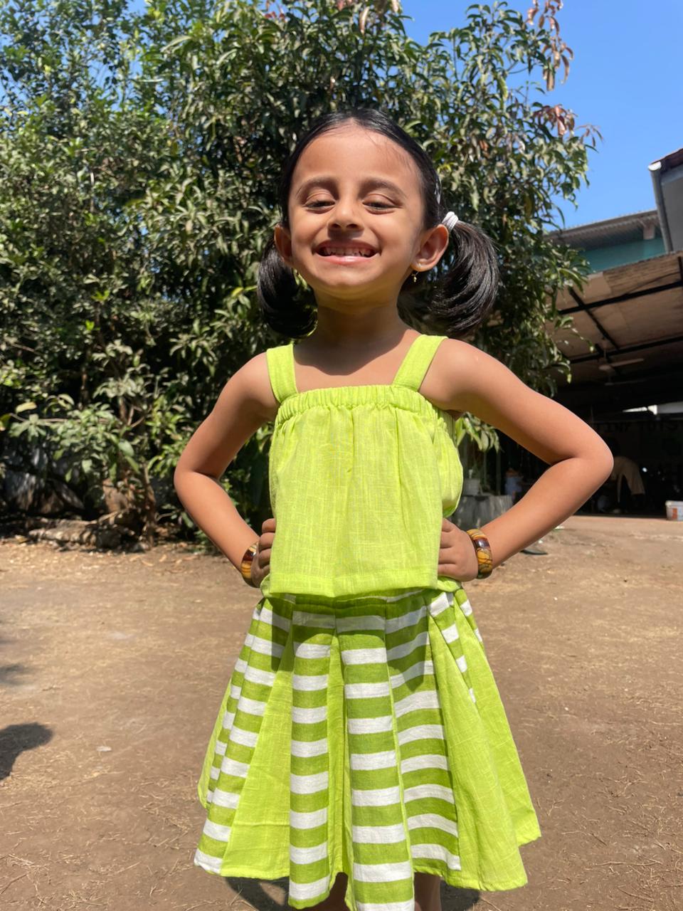 Lime Pop Handloom Skirt Set For Women | Breezy Two - Piece Outfit – Kids Daywear Sets on Brown Living™. SKU: ST-36-0-6M. Img 3.
