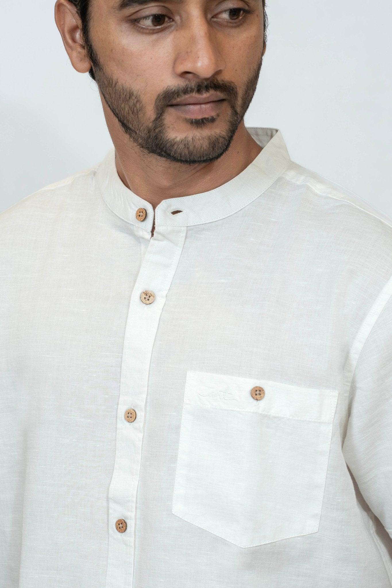 Linen Cotton Mandarin White | Elegant Minimal Wear for Men – Mens Shirt on Brown Living™. SKU: ANTWMLFS. Img 4.