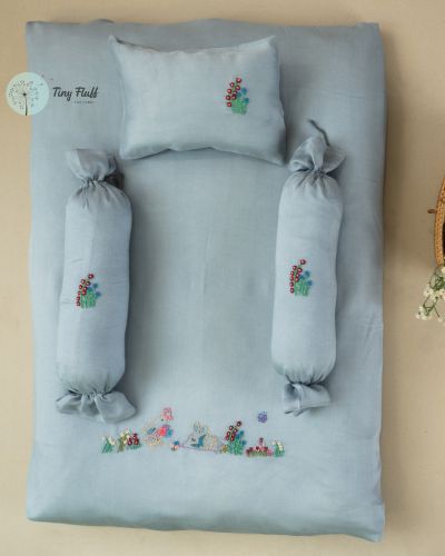 Little Bunny Baby Bedset | Milk Fabric Crib Bedding with Embroidery – Bedding on Brown Living™. SKU: TF-101-B4-G1. Img 1.