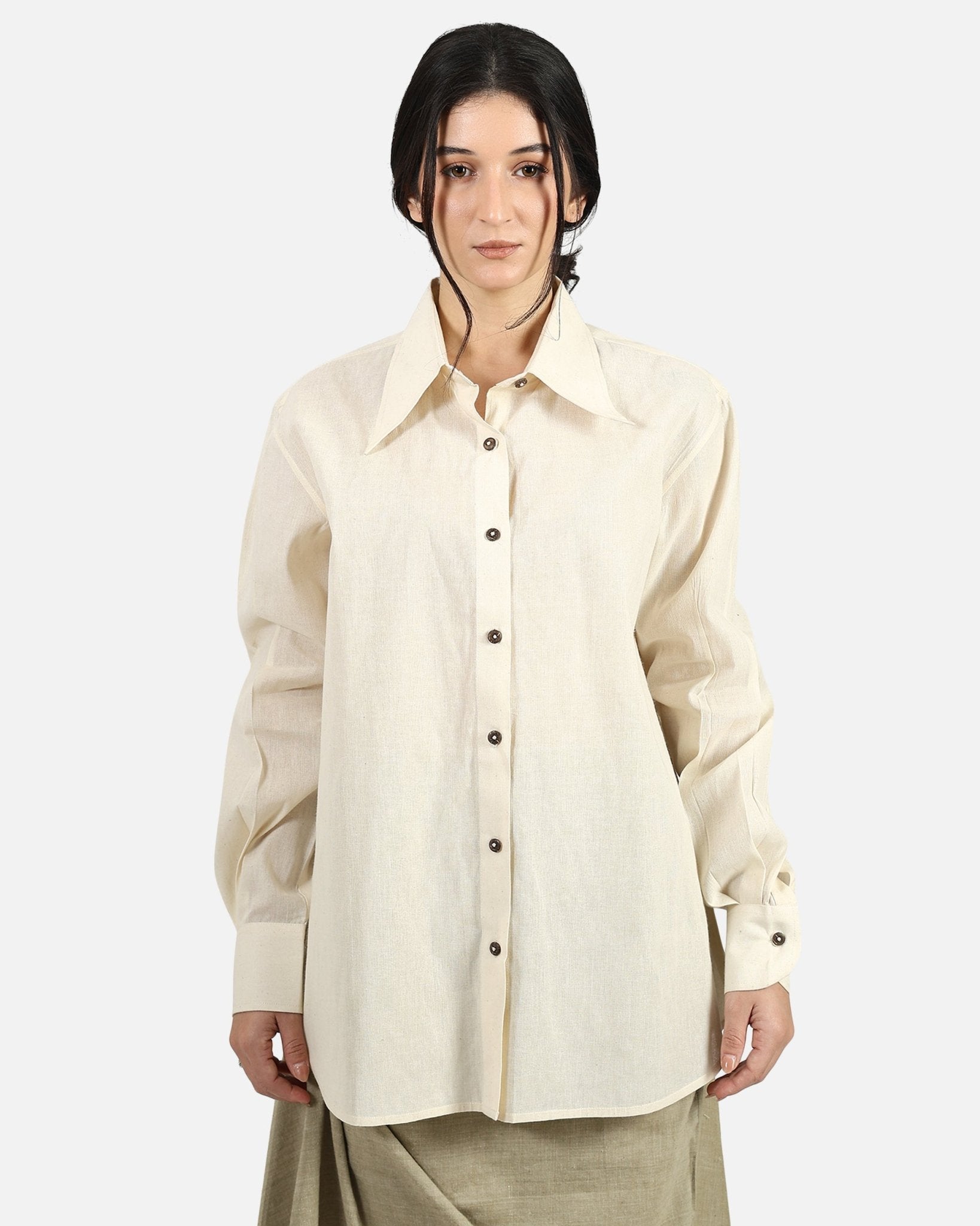 Long Collar Shirt – Modern Statement Collar Shirt for Effortless Style – Womens Shirt on Brown Living™. SKU: ACB2026008. Img 5.
