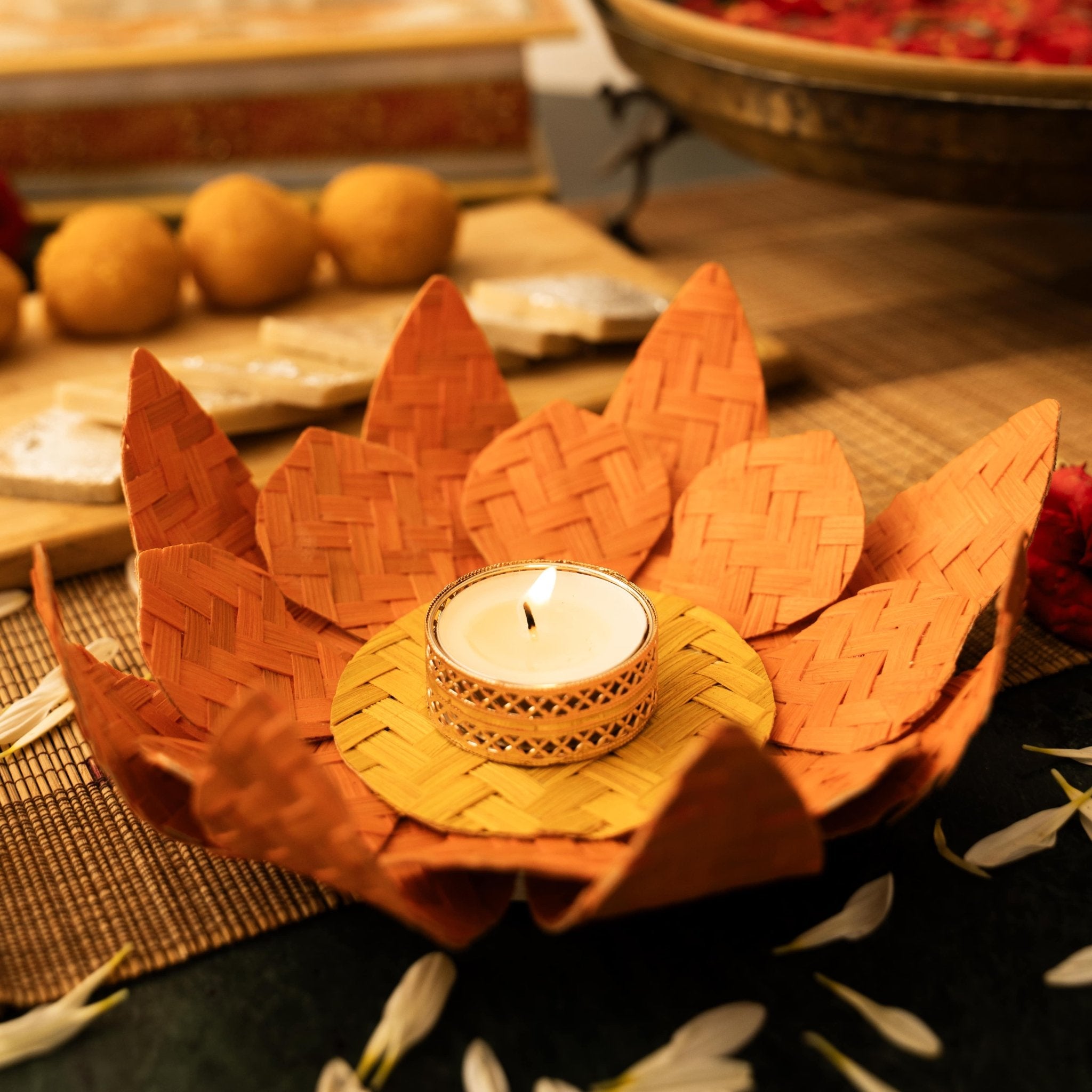 Lotus Handcrafted Bamboo Tea Light Holder (Includes Tea Light Candle) – Home Decor on Brown Living™. SKU: OBCH - 693. Img 2.