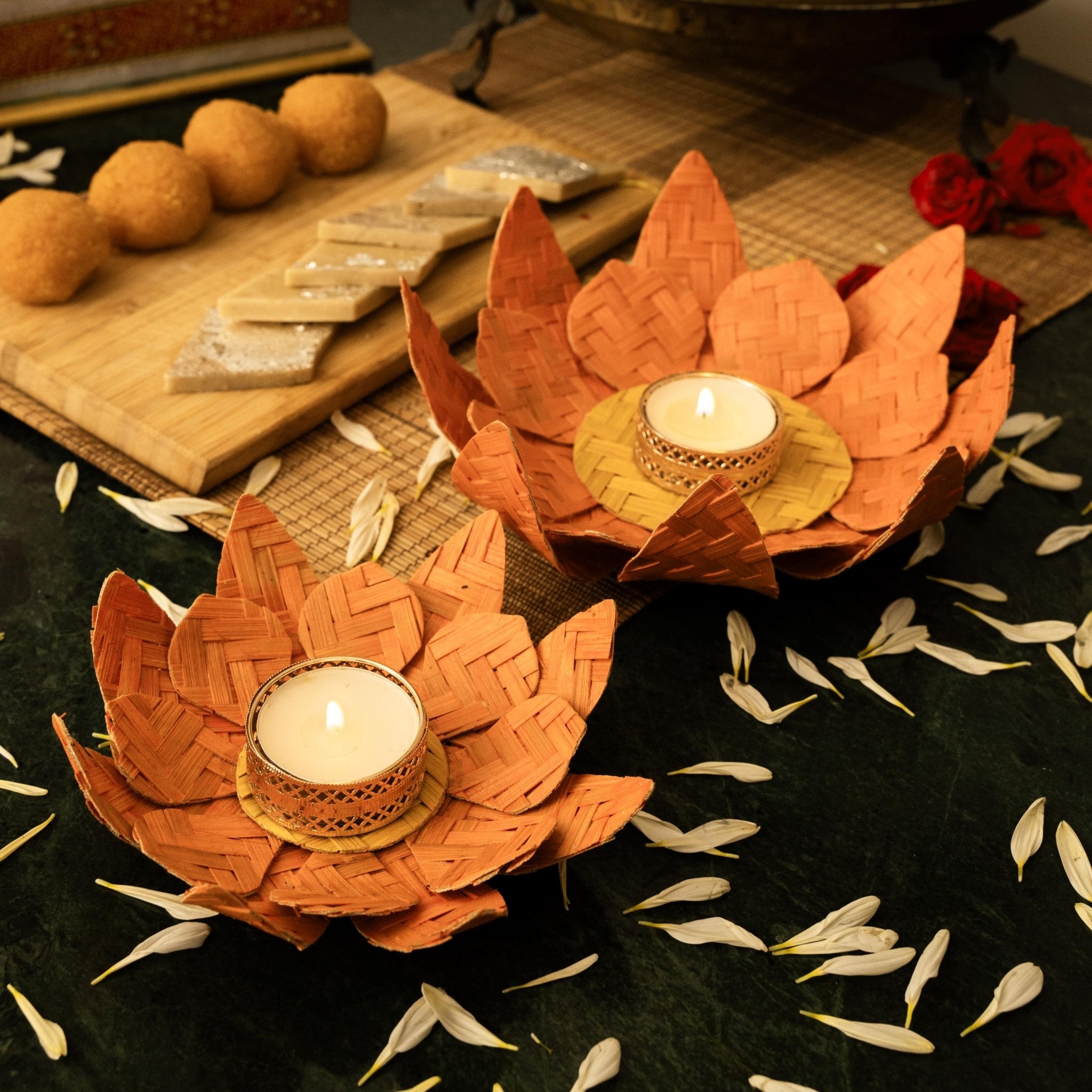 Lotus Handcrafted Bamboo Tea Light Holder (Includes Tea Light Candle) – Home Decor on Brown Living™. SKU: OBCH - 693. Img 1.