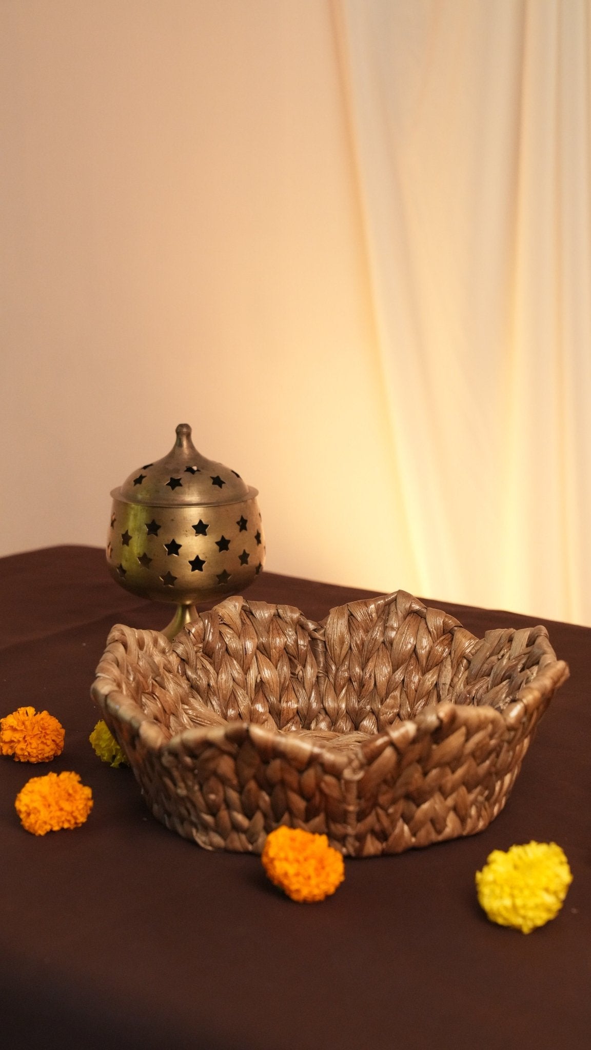 Lotus Tray | Handwoven Water Hyacinth Serving Tray – Baskets & Boxes on Brown Living™. SKU: 604W. Img 1.