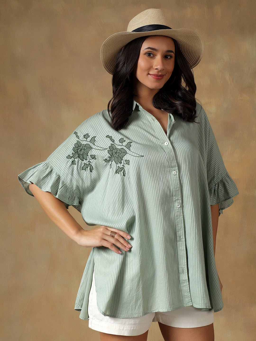 Lucknowi Chikankari Oversize Shirt | Hand Embroidered Cotton Shirt – Womens Shirt on Brown Living™. SKU: IHTCOS02SG. Img 1.