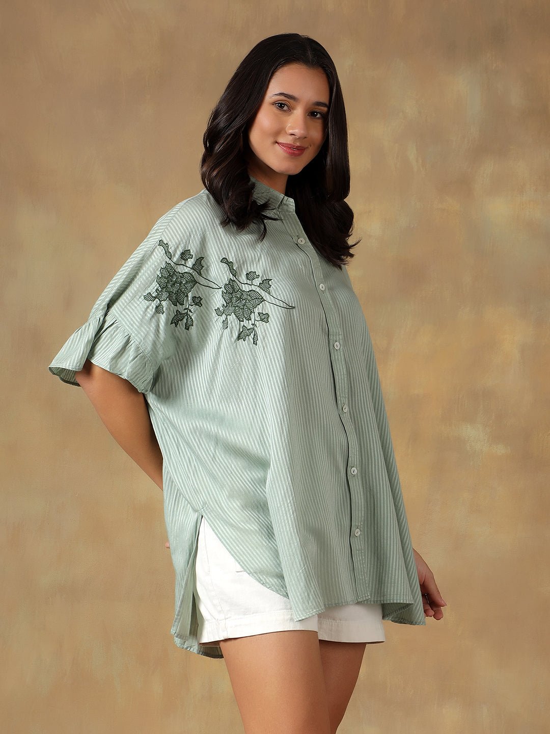 Lucknowi Chikankari Oversize Shirt | Hand Embroidered Cotton Shirt – Womens Shirt on Brown Living™. SKU: IHTCOS02SG. Img 6.