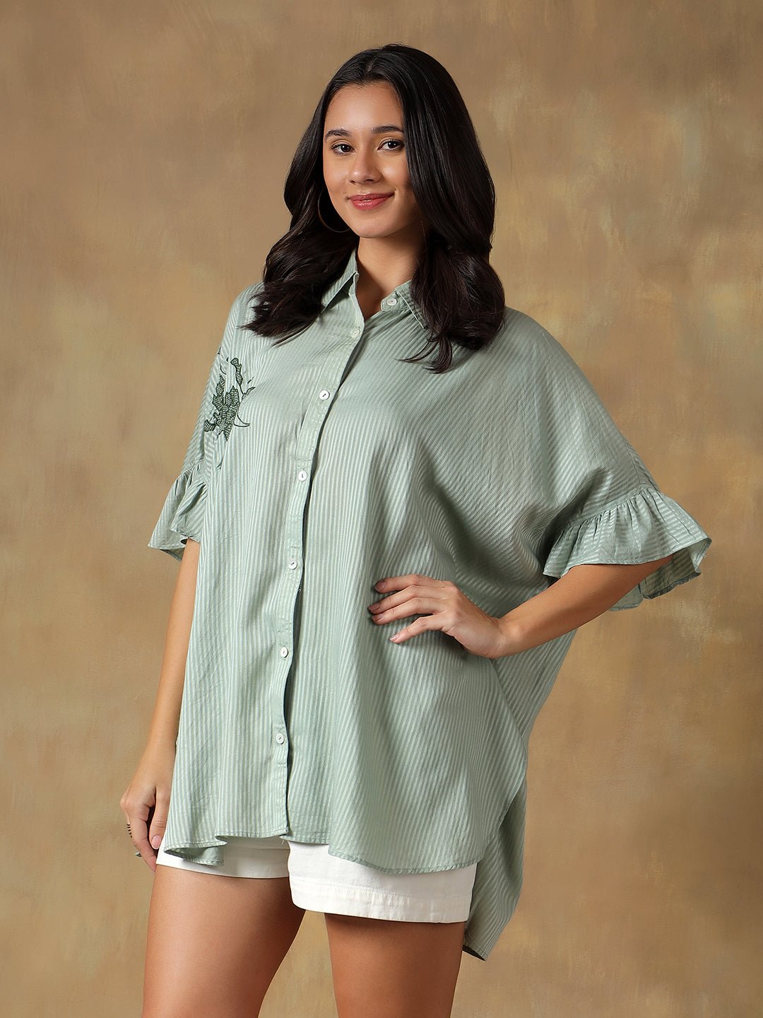 Lucknowi Chikankari Oversize Shirt | Hand Embroidered Cotton Shirt – Womens Shirt on Brown Living™. SKU: IHTCOS02SG. Img 5.