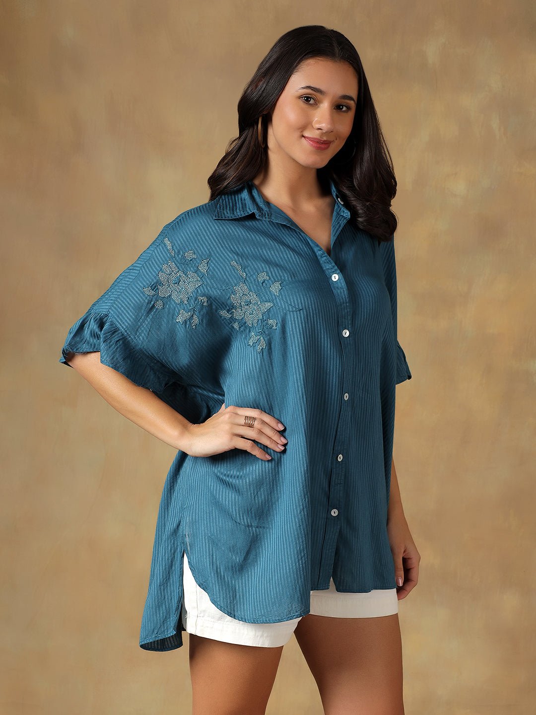 Lucknowi Chikankari Oversize Shirt | Hand Embroidered Cotton Shirt – Womens Shirt on Brown Living™. SKU: IHTCOS02ST. Img 12.