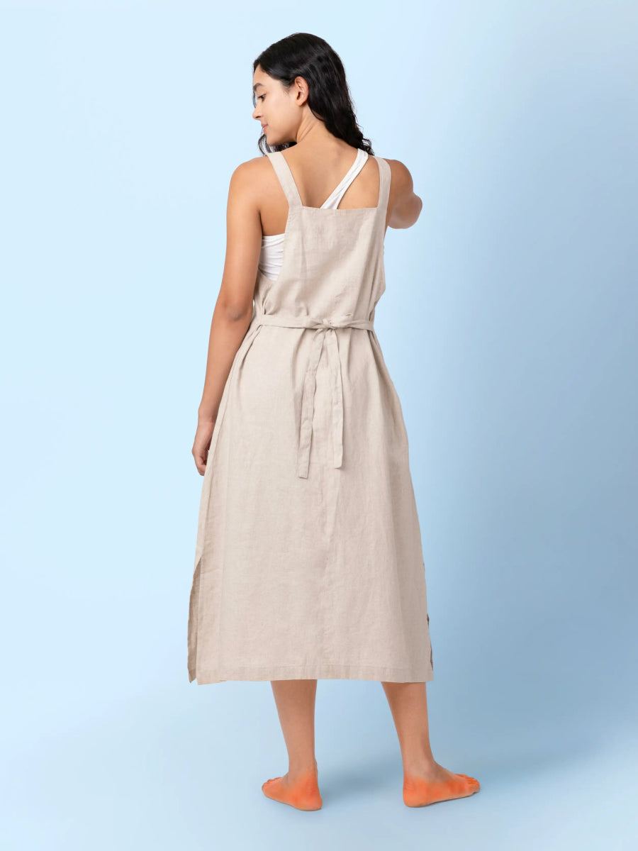 Luma – Organic Cotton Linen Dungaree Dress with Adjustable Straps – Womens Dress by Phuhar's available on Brown Living™. Beige Xs. SKU: pH1511. Img 3.