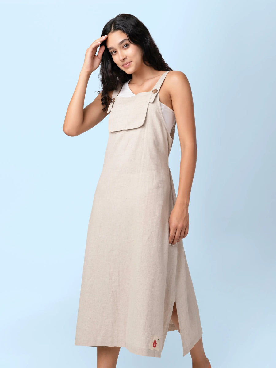 Luma – Organic Cotton Linen Dungaree Dress with Adjustable Straps – Womens Dress by Phuhar's available on Brown Living™. Beige Xs. SKU: pH1511. Img 2.