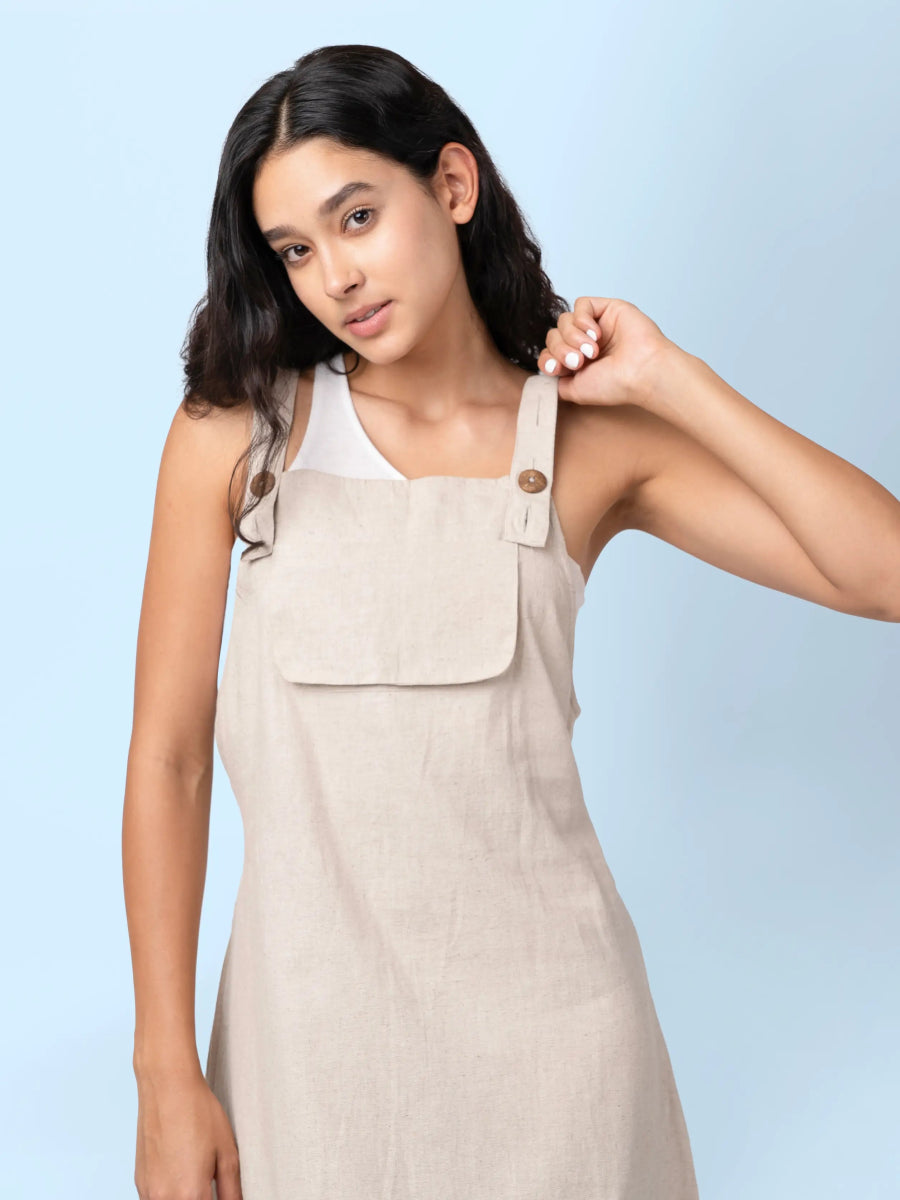 Luma – Organic Cotton Linen Dungaree Dress with Adjustable Straps – Womens Dress by Phuhar's available on Brown Living™. Beige Xs. SKU: pH1511. Img 4.
