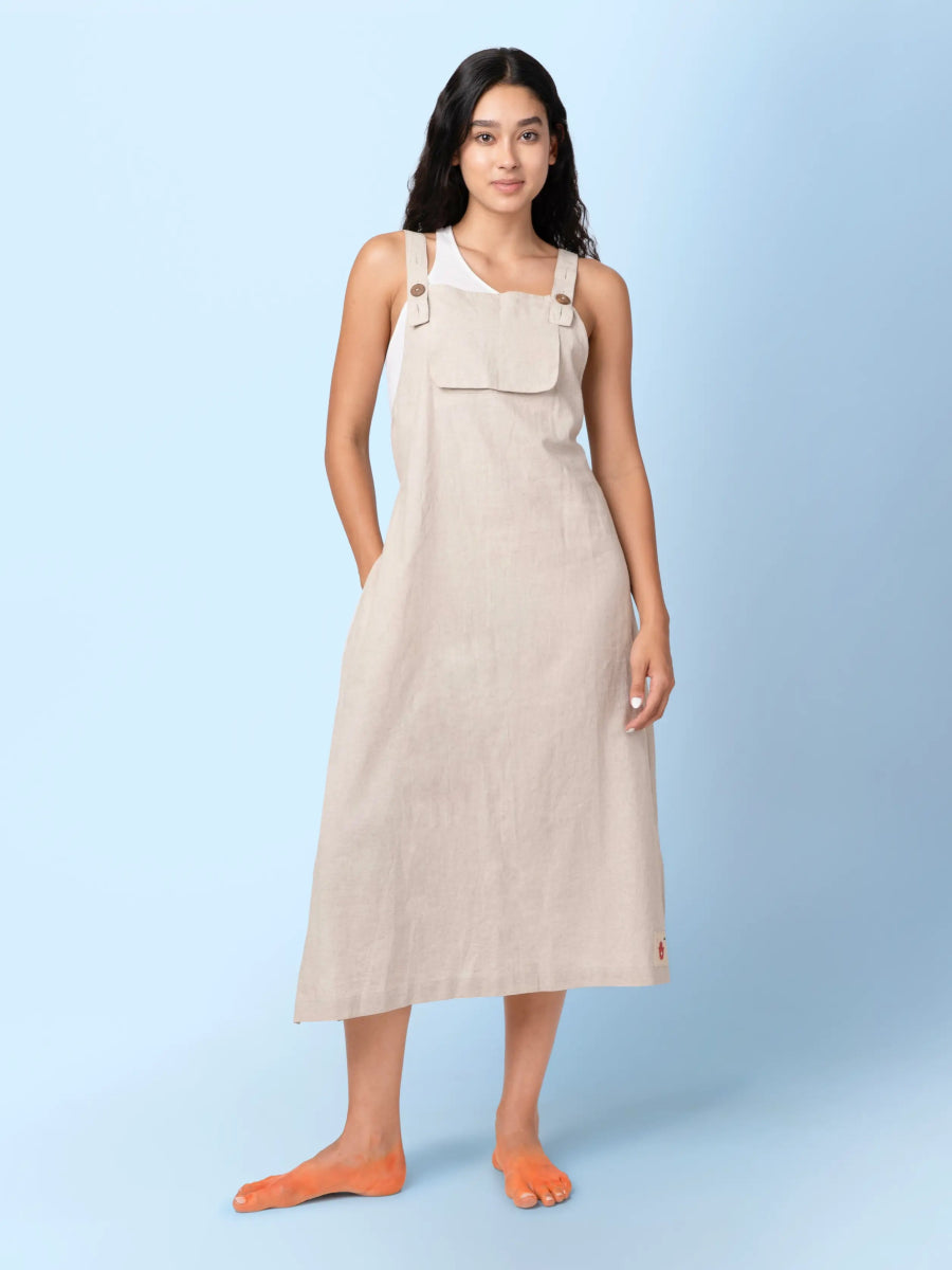 Luma – Organic Cotton Linen Dungaree Dress with Adjustable Straps – Womens Dress by Phuhar's available on Brown Living™. Beige Xs. SKU: pH1511. Img 1.
