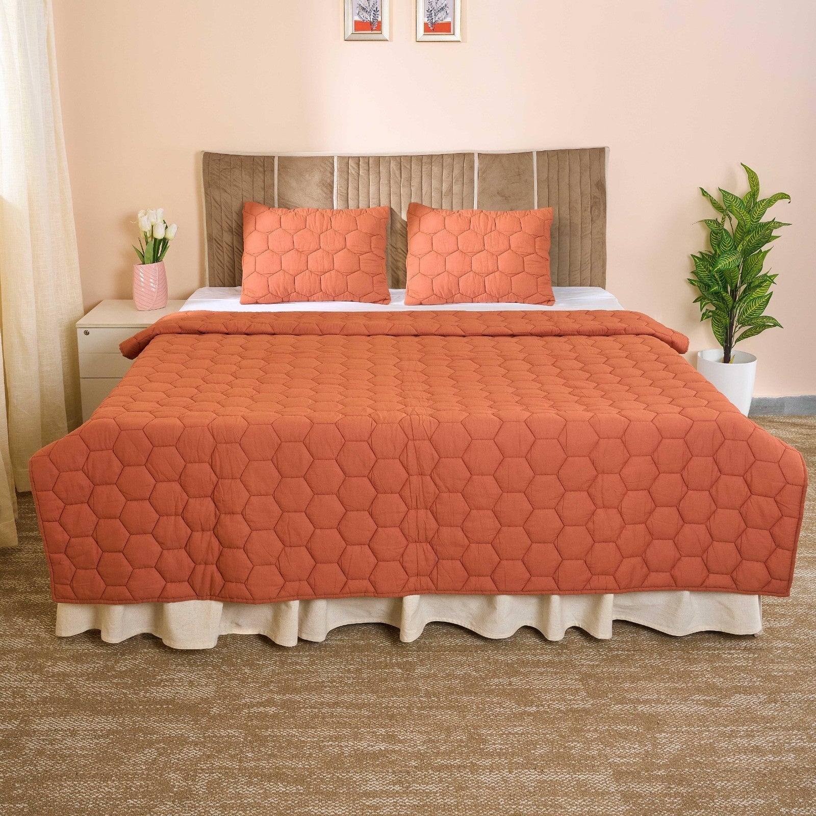Luxury Rust Cotton Satin Razai | Soft Lightweight Quilt 200 GSM – Bed Linens on Brown Living™. SKU: RSP-01. Img 1.