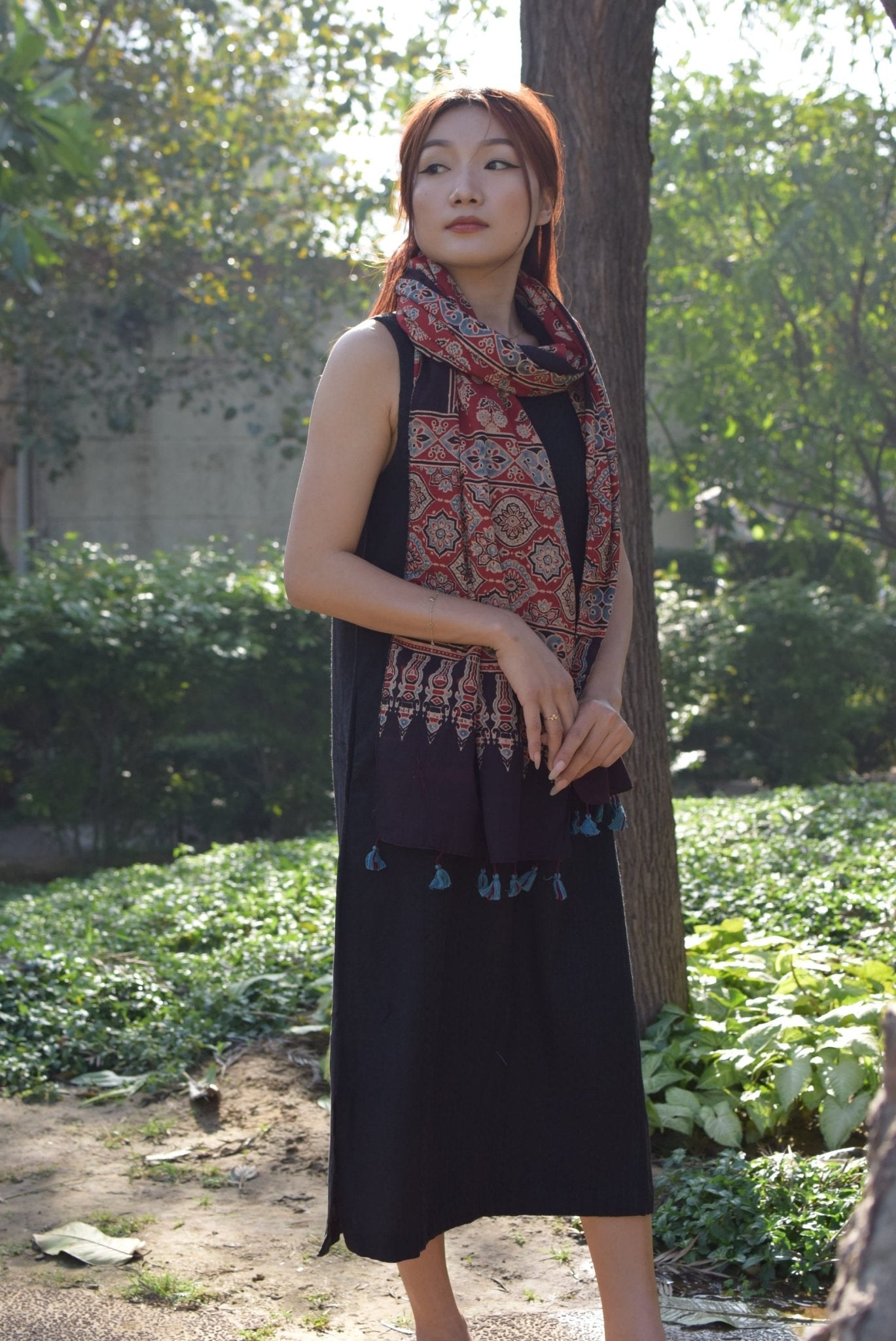 Maati Ajrakh Cotton Stole Handcrafted Block Print Dupatta – Womens Scarf on Brown Living™. SKU: EKL_05. Img 3.
