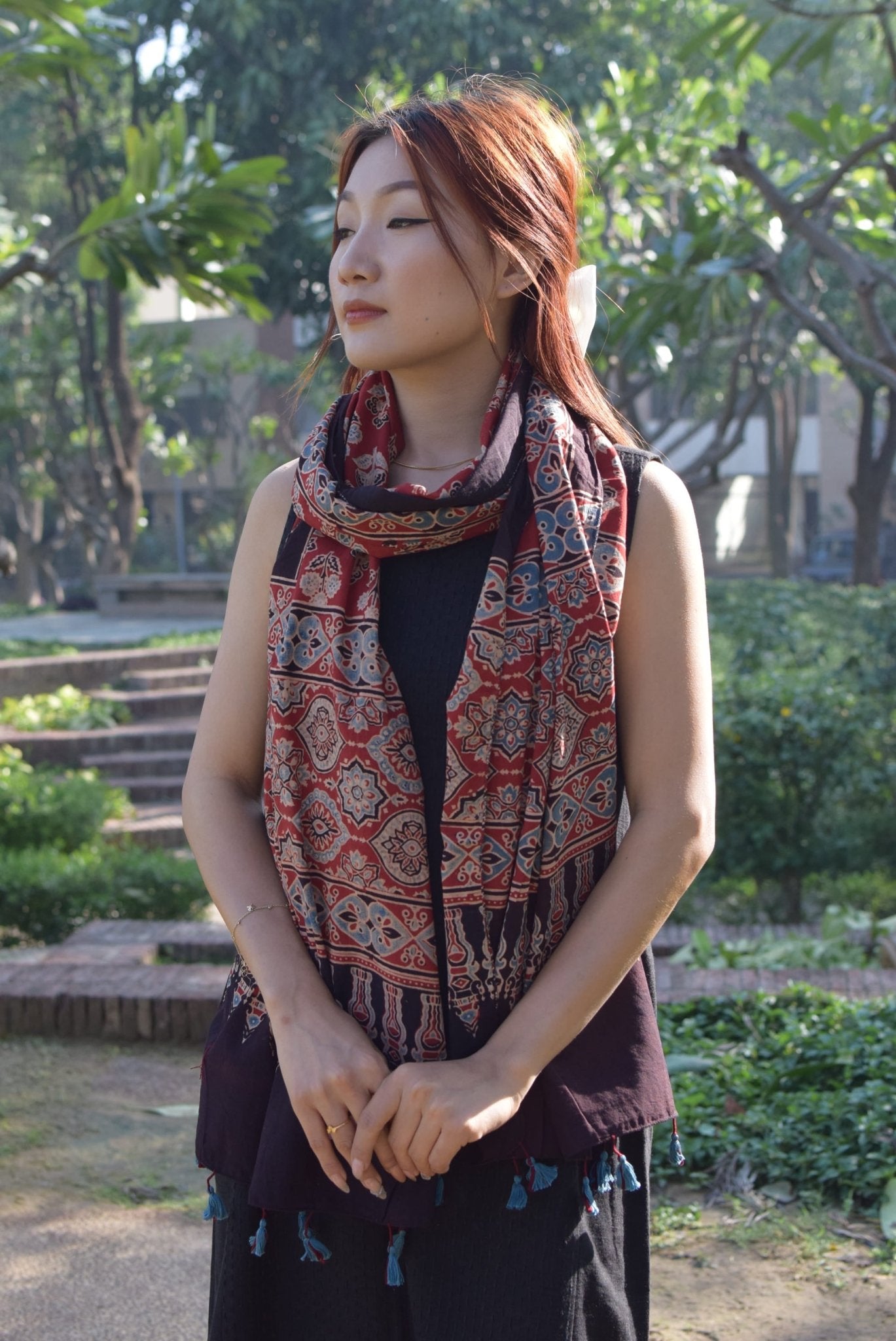 Maati Ajrakh Cotton Stole Handcrafted Block Print Dupatta – Womens Scarf on Brown Living™. SKU: EKL_05. Img 1.