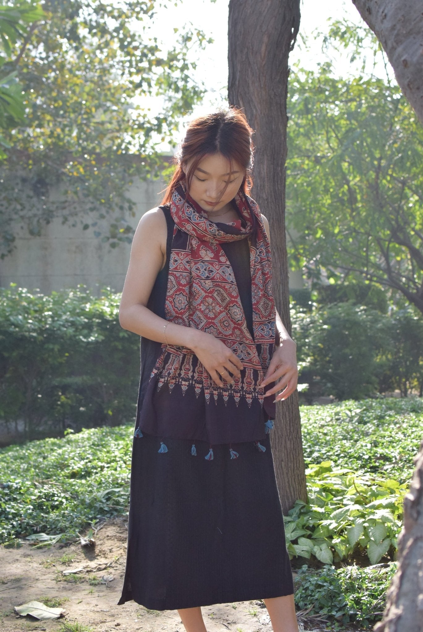 Maati Ajrakh Cotton Stole Handcrafted Block Print Dupatta – Womens Scarf on Brown Living™. SKU: EKL_05. Img 5.