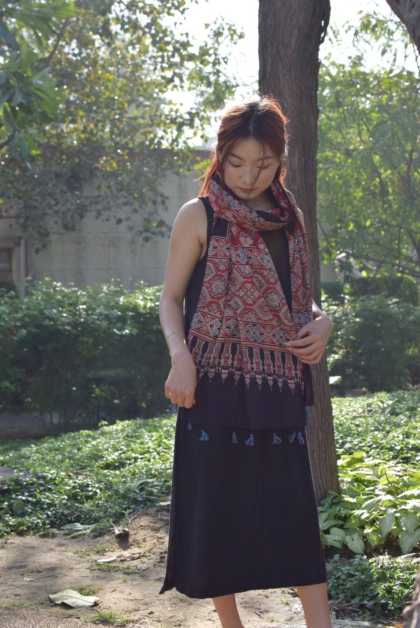 Maati Ajrakh Cotton Stole Handcrafted Block Print Dupatta – Womens Scarf on Brown Living™. SKU: EKL_05. Img 4.